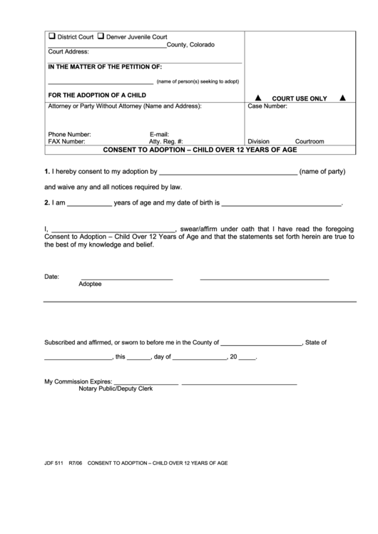 Fillable Consent To Adoption Form Child Over 12 Years Of Age 