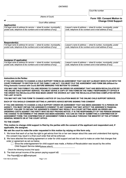 Fillable Form 15d Consent Motion To Change Child Support Printable