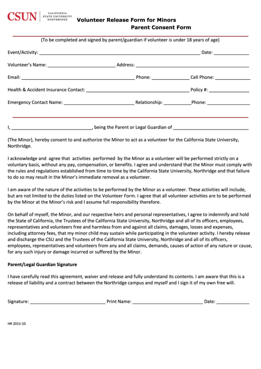 Fillable Volunteer Release Form For Minors Parent Consent Form