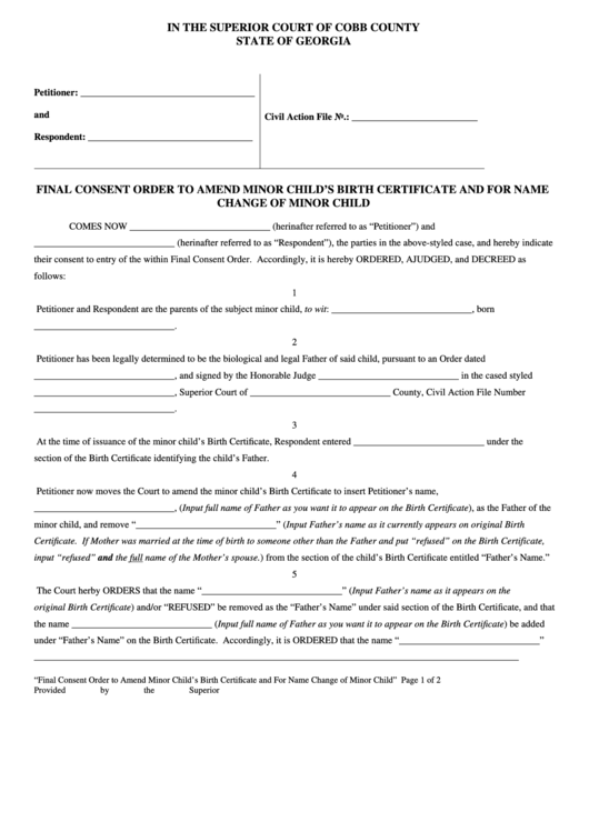 Final Consent Order To Amend Minor Child S Birth Certificate And For 