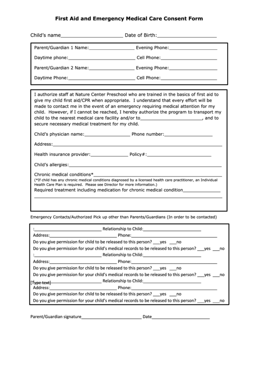 First Aid And Emergency Medical Care Consent Form Printable Pdf Download