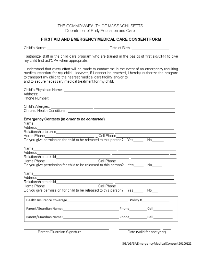 First Aid Medical Consent Form Templates At Allbusinesstemplates