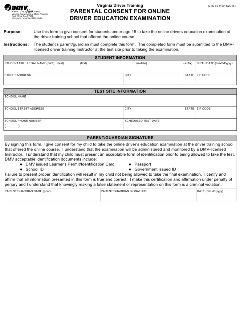 Form 62 Download Fillable PDF Or Fill Online Parental Consent For 