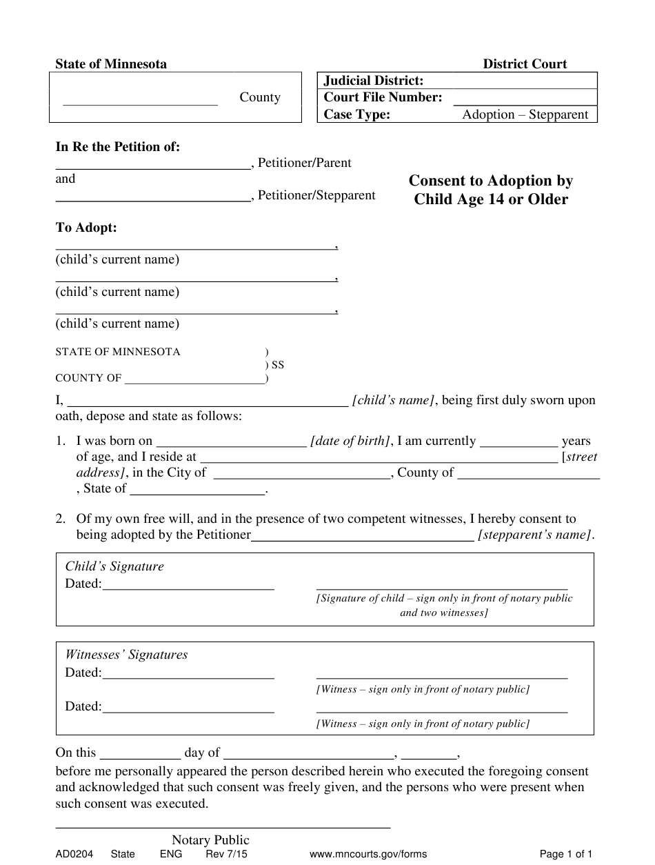 Form AD0204 Download Printable PDF Or Fill Online Consent To Adoption