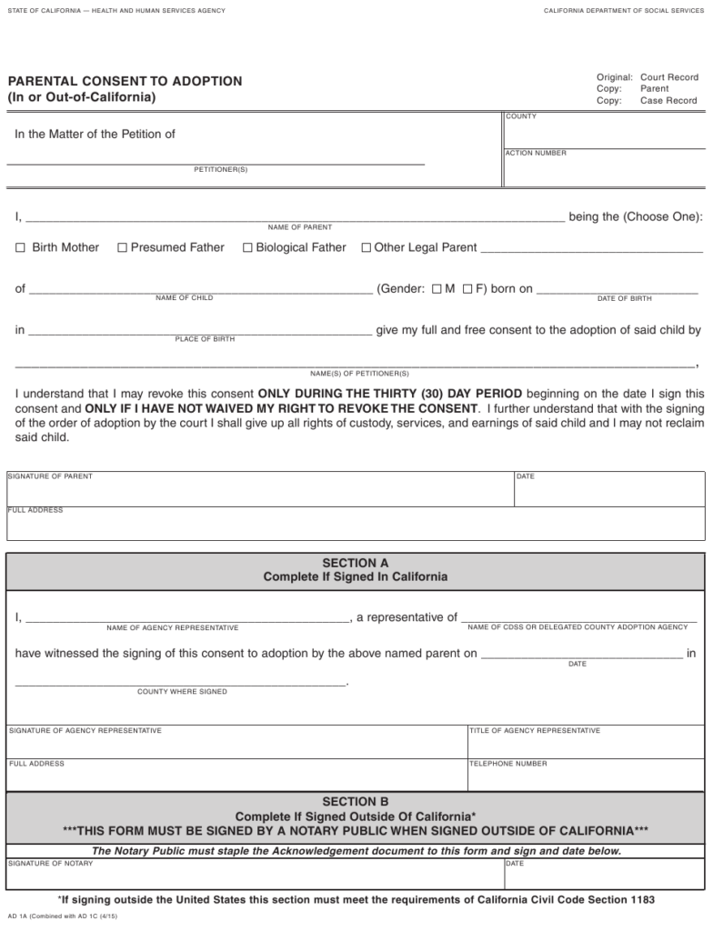 Form AD1A Download Fillable PDF Or Fill Online Parental Consent To 