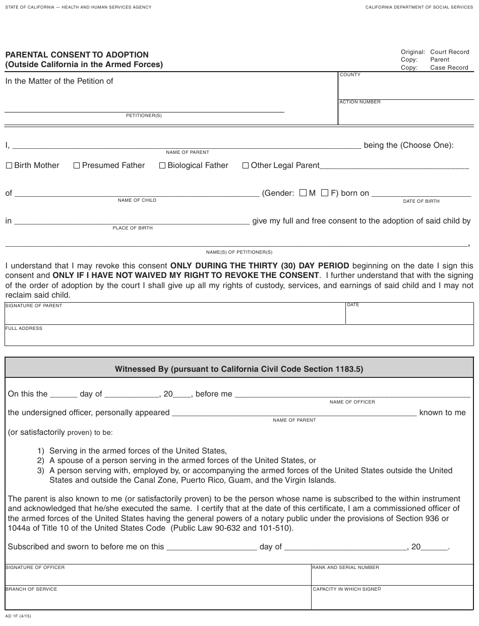 Form AD1F Download Fillable PDF Or Fill Online Parental Consent To