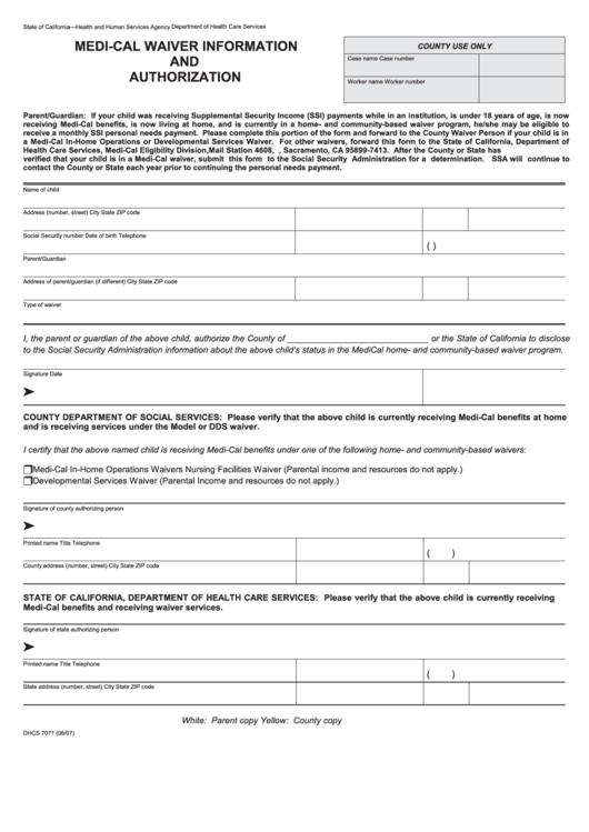 Form Dhcs 7071 California Medical Waiver Information And 