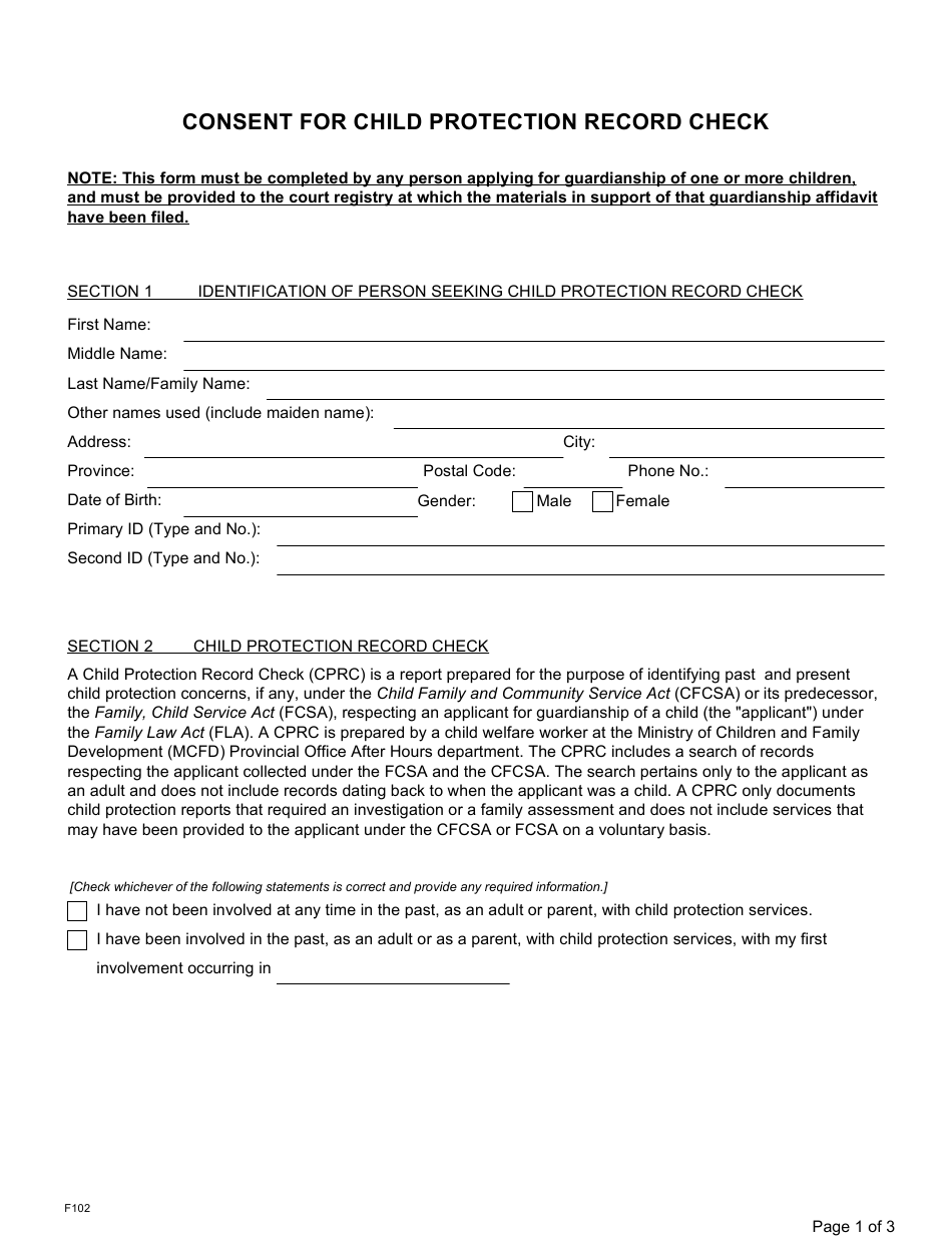 Form F102 Download Fillable PDF Or Fill Online Consent For Child 