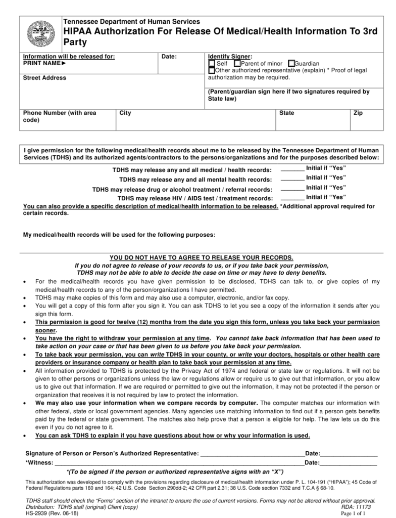 Form HS 2939 Download Fillable PDF Or Fill Online Hipaa Authorization 