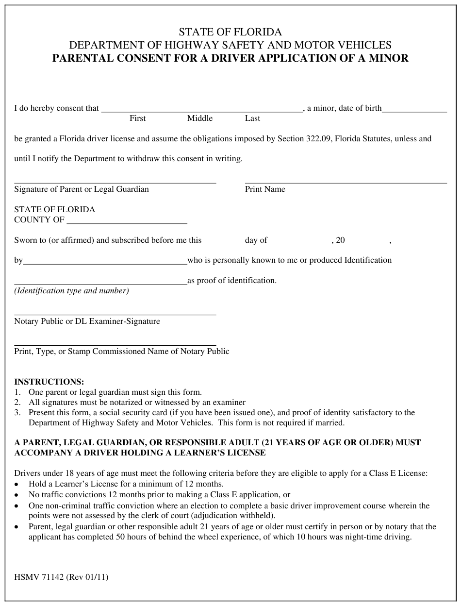 Form HSMV71142 Download Fillable PDF Or Fill Online Parental Consent