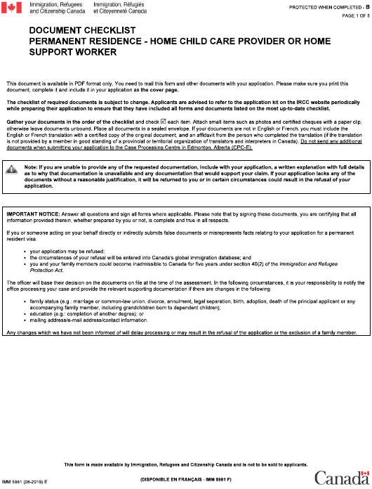 Form IMM5981 Download Fillable PDF Or Fill Online Document Checklist 