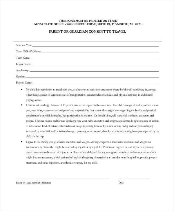 FREE 11 Sample Travel Consent Forms In PDF MS Word Excel