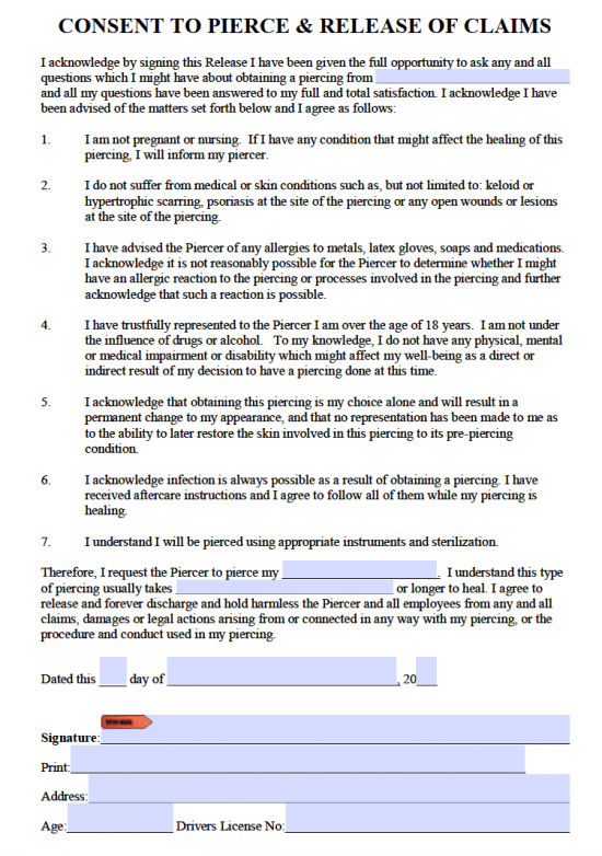 Free Body Piercing Consent Form For Adults And Minors PDF Word