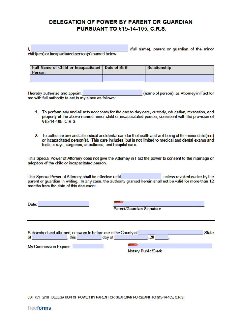 Free Colorado Minor Child Power Of Attorney Form PDF WORD