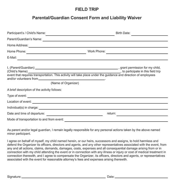 Free Field Trip Consent Permission Forms Word PDF 