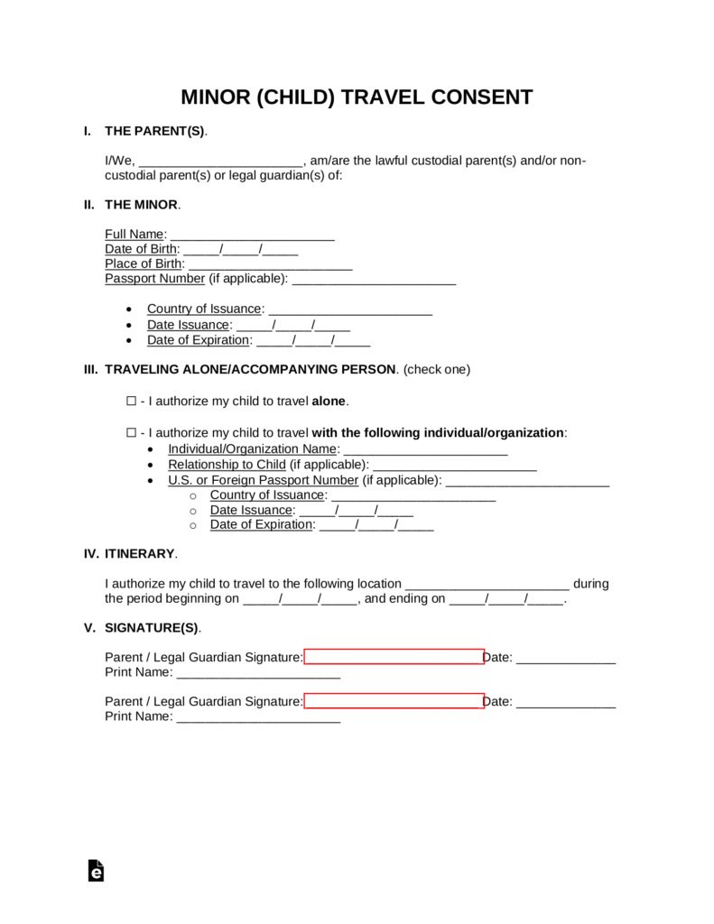 Free Minor Child Travel Consent Form PDF Word EForms