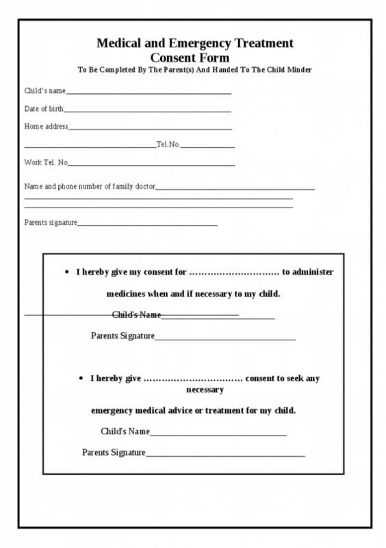 Free Printable Child Medical Consent Form Template Business Consent