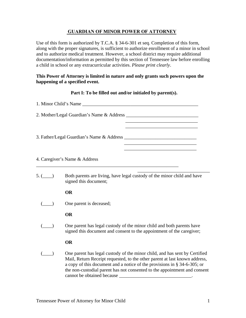 Free Tennessee Guardian Of Minor Power Of Attorney Form PDF Word 