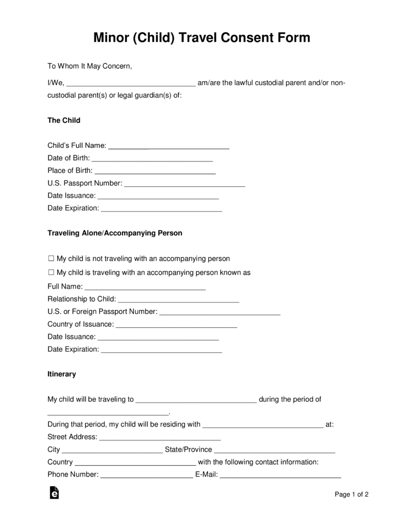 Free Travel Consent Form For Minor Traveling With One Parent 