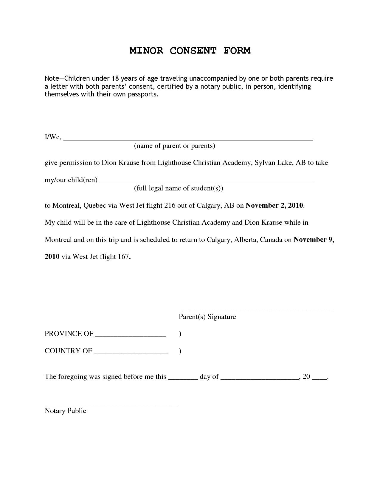 Free Travel Consent Form For Minor Traveling With One Parent 
