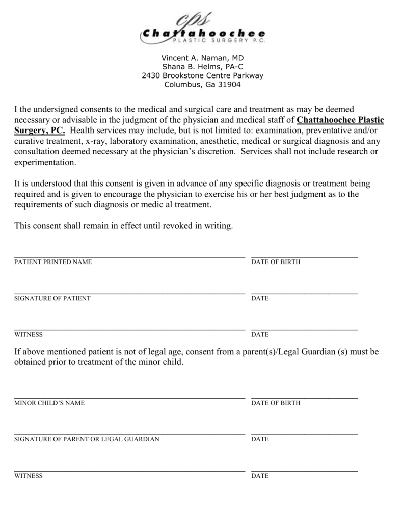 General Consent Form Chattahoochee Plastic Surgery