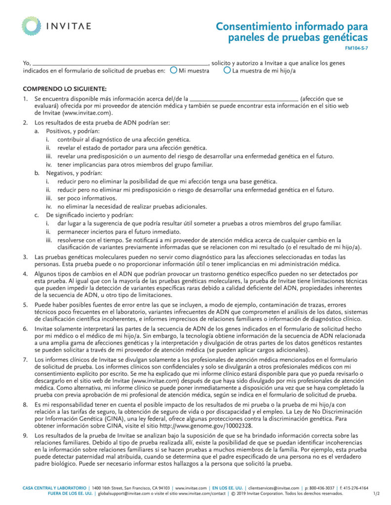 Invitae FM104 S Invitae Patient Consent Form Spanish Page 1