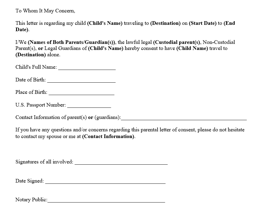 Letter Of Consent To Travel With One Parent Template Samples 