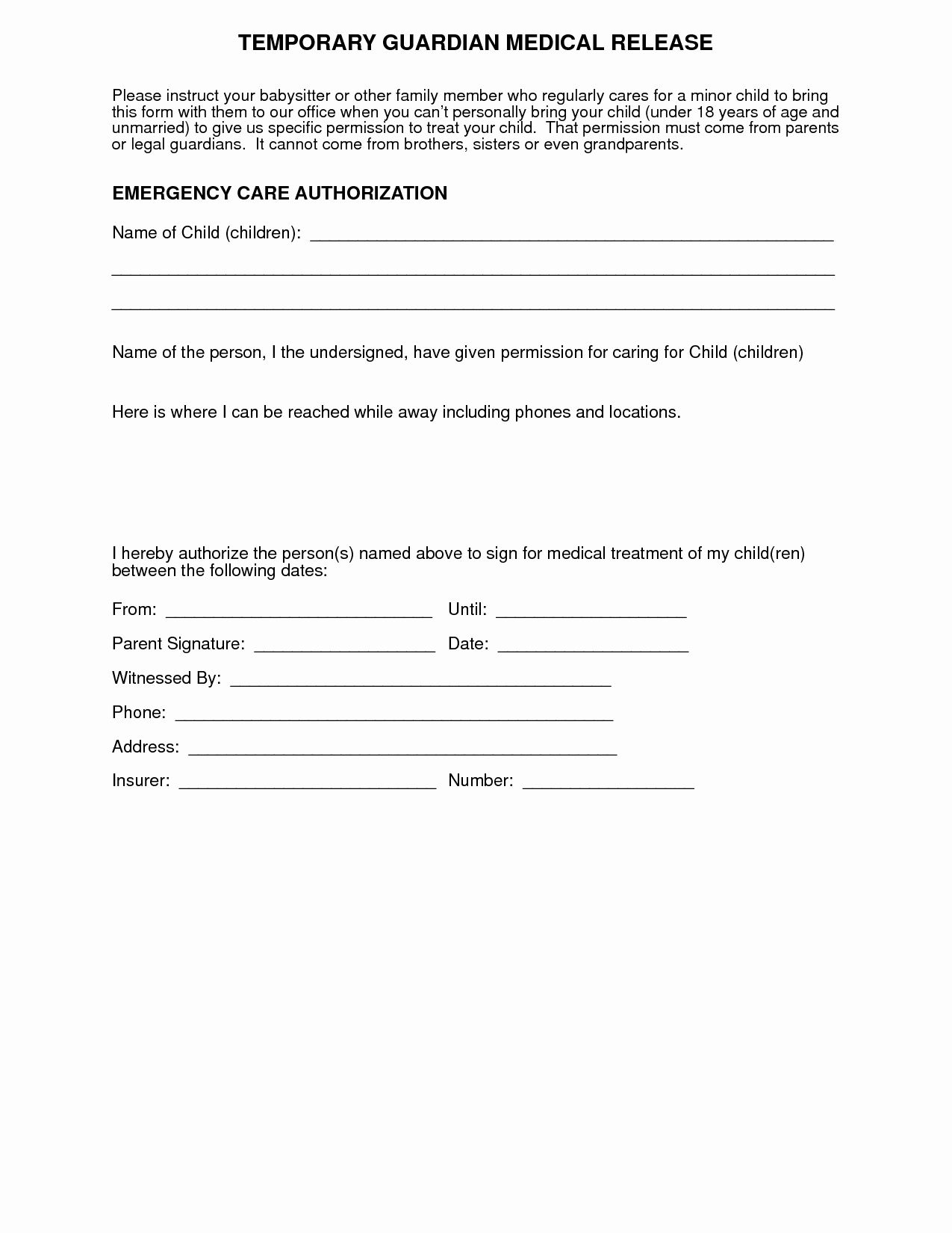 Medical Release Form For Babysitter Awesome Free Minor Child Medical