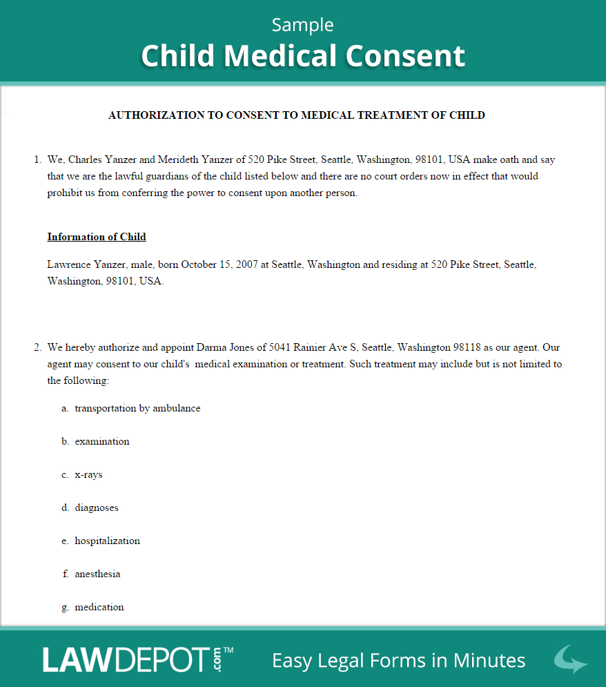 Medical Release Form For Child While Parents Out Town Templates Free 