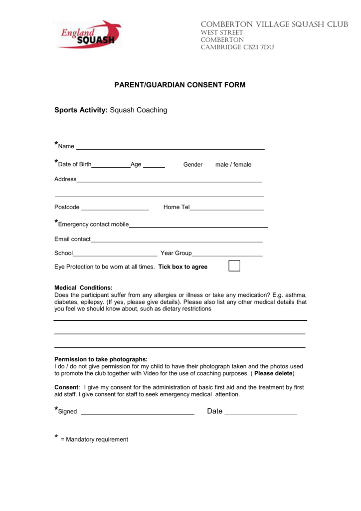 Microsoft Word Junior Squash PARENT CONSENT FORM