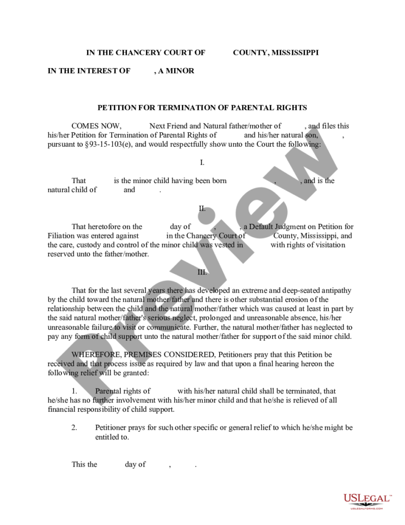 Mississippi Petition For Termination Of Parental Rights Printable 