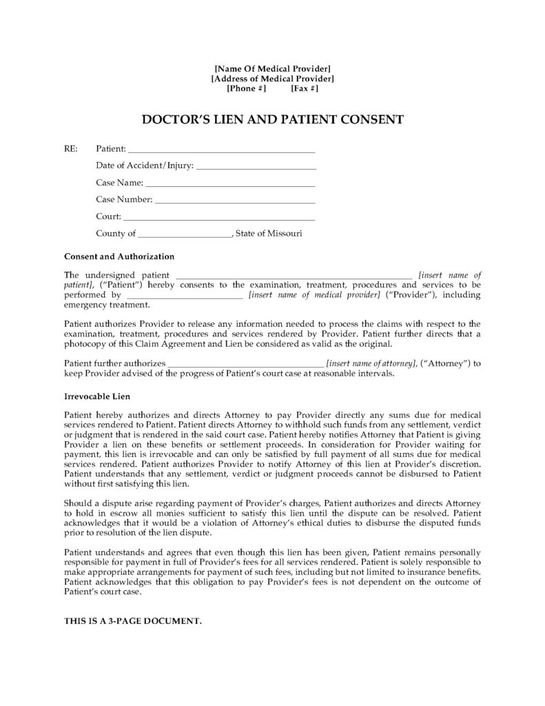 Missouri Doctor s Lien And Patient Consent Legal Forms And Business 