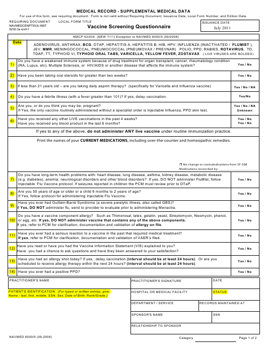 NAVMED Form 6000 5 Download Fillable PDF Vaccine Screening 