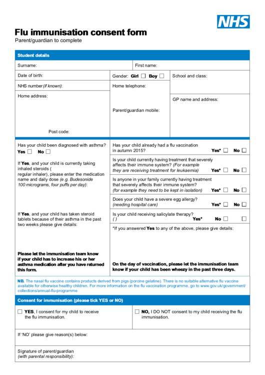 Nhs Flu Immunisation Consent Form Printable Pdf Download