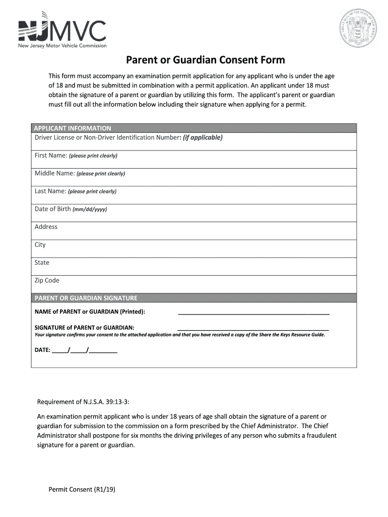 NJ NJMVC Parent Or Guardian Consent Form 2019 2021 Fill And Sign 