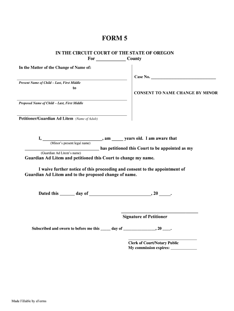 OR Form 5 Consent To Name Change By Minor Complete Legal Document 