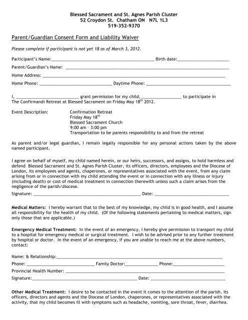 Parent Guardian Consent Form And Liability Waiver Diocese Of 