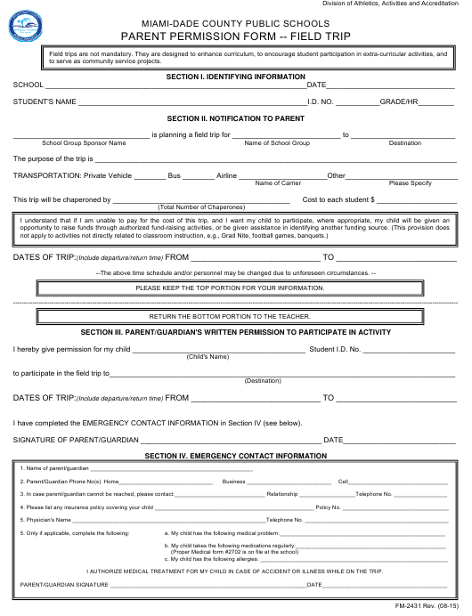 Parent Permission Form For Field Trip Miami Dade County Public 