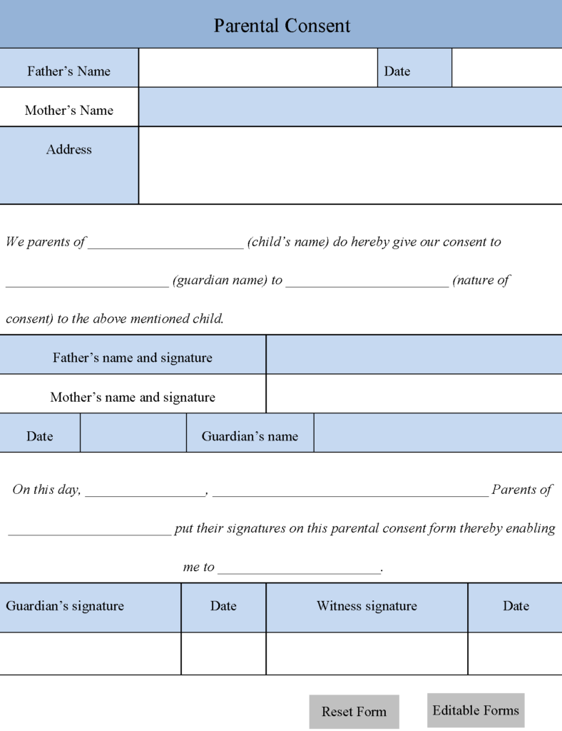 Parental Consent Form Editable Forms