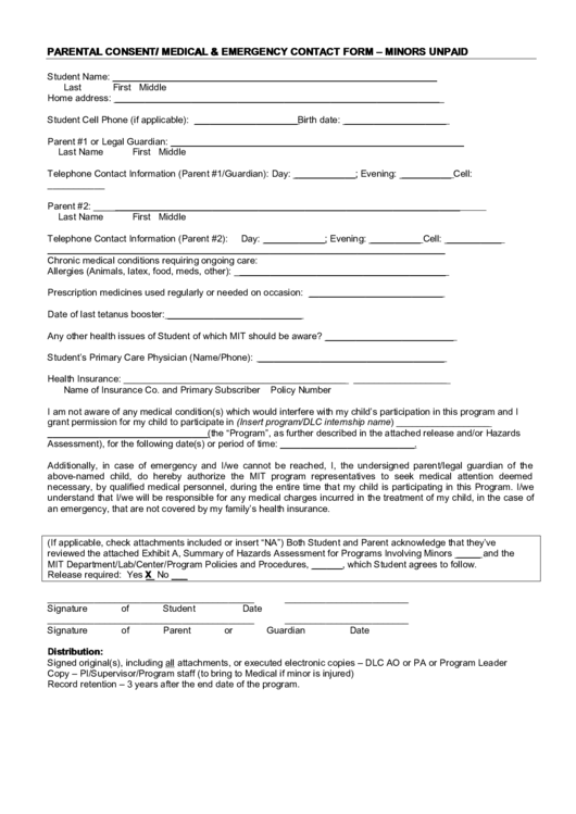 Parental Consent Medical Emergency Contact Form Minors Unpaid