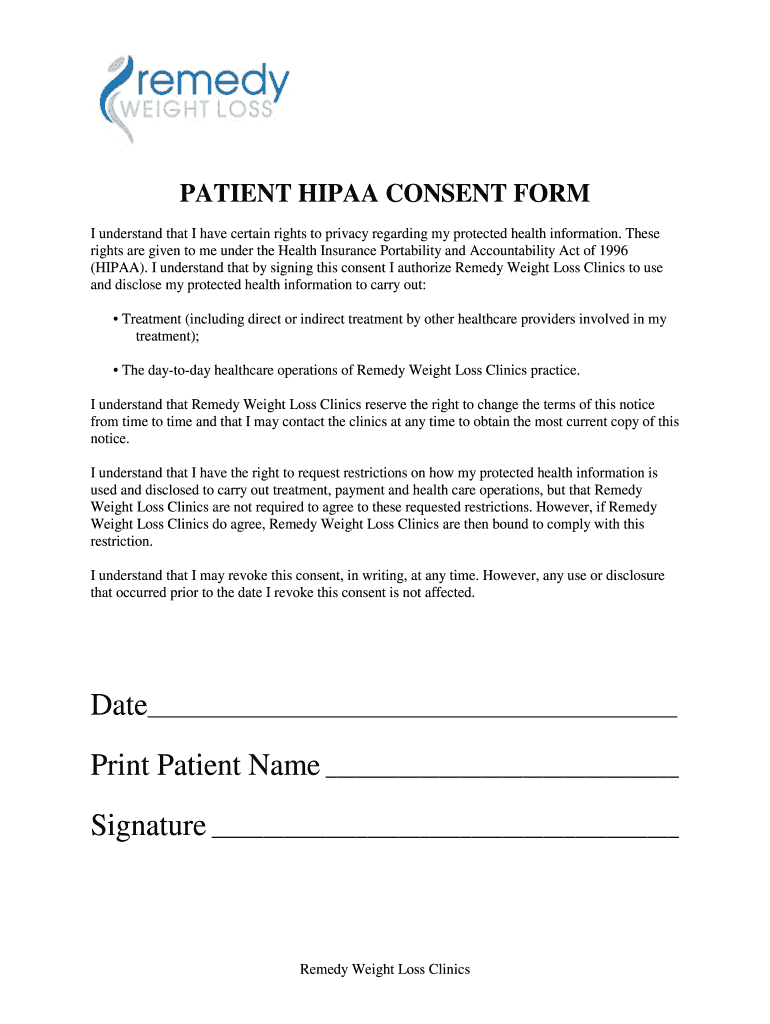 PATIENT HIPAA CONSENT FORM Remedy Weight Loss 2020 Fill And Sign 