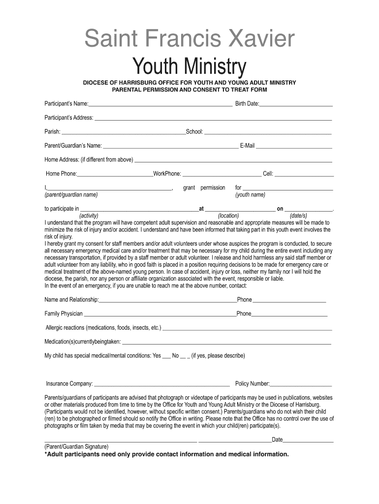 Permission Slip Format For Youth Ministry Fill Online Printable 