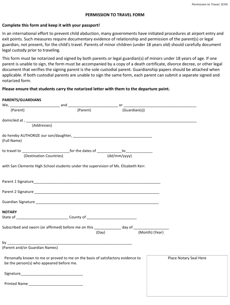 Permission To Travel Form Download Printable PDF Templateroller