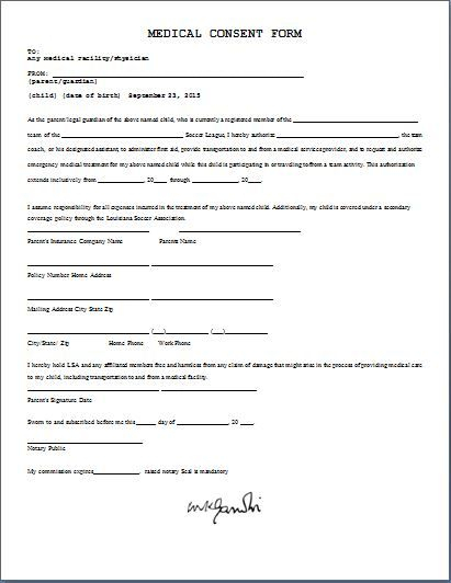 Printable MS Word Parent Consent Forms Consent Forms Medical Consent 