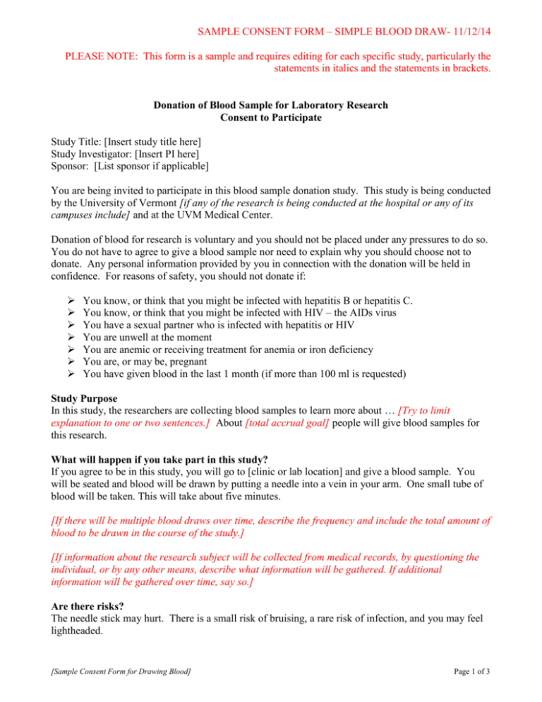 Sample Consent Form Simple Blood Draw