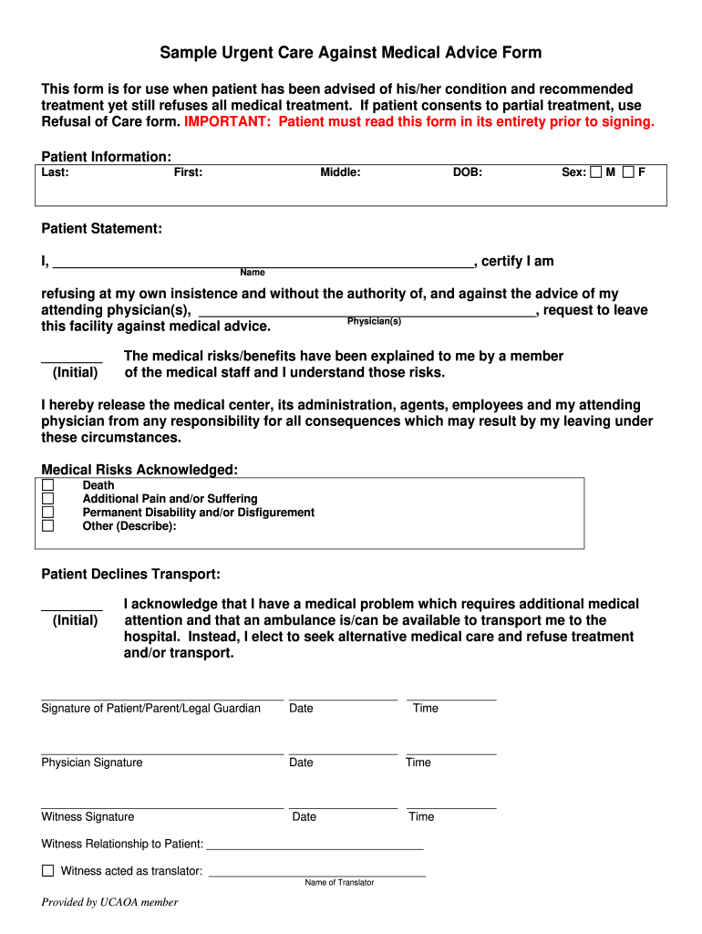 Sample Urgent Care Against Medical Advice Form Ucaoa Fill Out And 