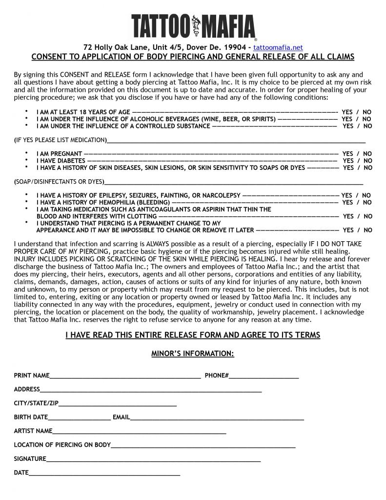 TATTOO MAFIA INC Consent Release Form Minor Notary Form