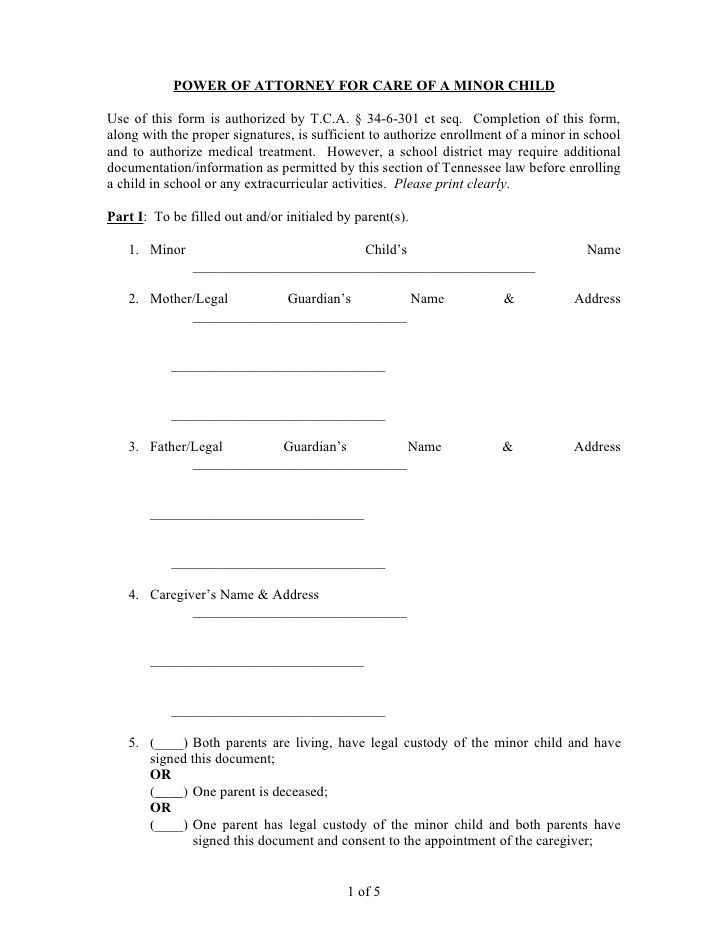 Tennessee Minor Child Power Of Attorney Form Power Of Living Will 