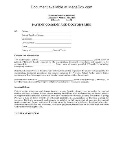 Texas Patient Consent And Doctor s Lien Legal Forms And Business 