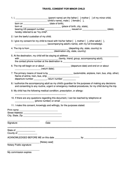 Travel Consent For Minor Child Template Printable Pdf Download